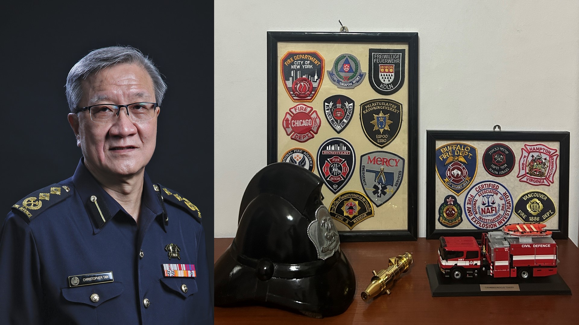 SAC Christopher Tan with Fire Service Memorabilia